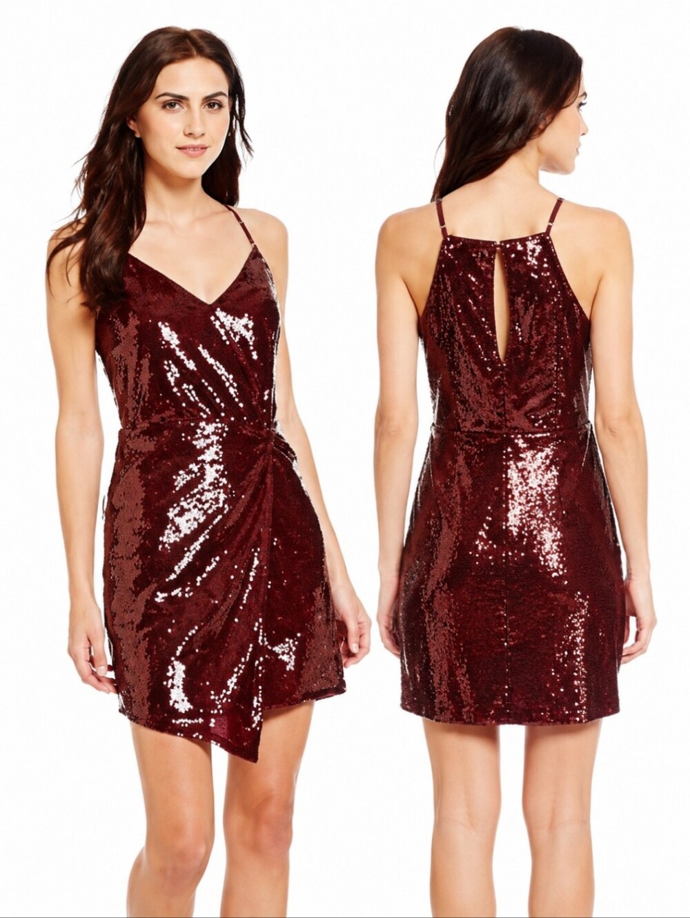 New Adelyn Rae Burgundy Sequin Mini Wrap Slip Party Showgirl Dress NWT Sz M